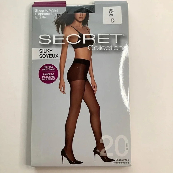 3/$25 SECRET Black No Roll Waistband Sheer Tights Size D - Picture 1 of 6